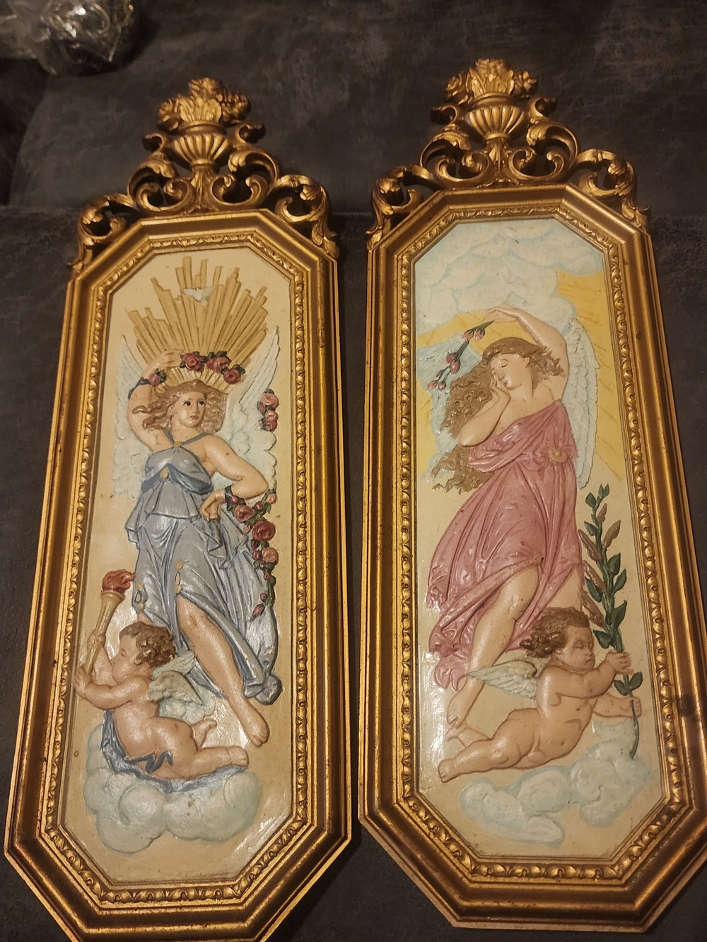 Gold Framed Cherub Wall Plaque Pair with Pink and Blue Accents Syroco